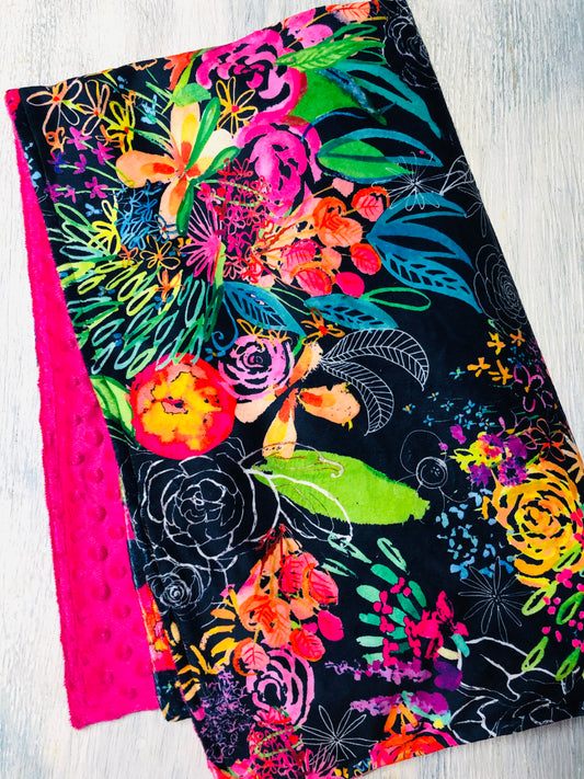 Vivid Floral with Hot Pink Minky Baby Blanket