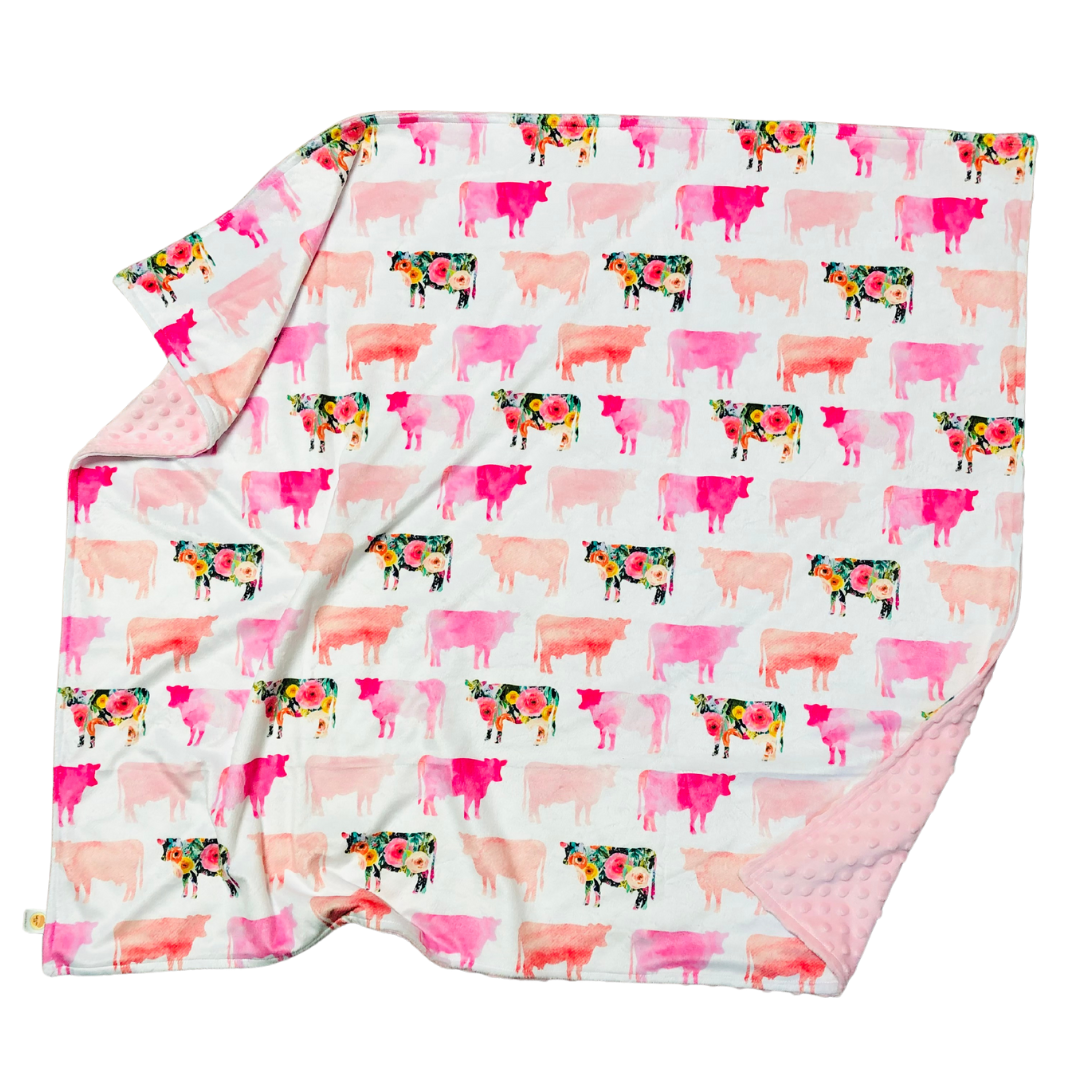 Floral and Watercolor Cows Minky Baby Blanket