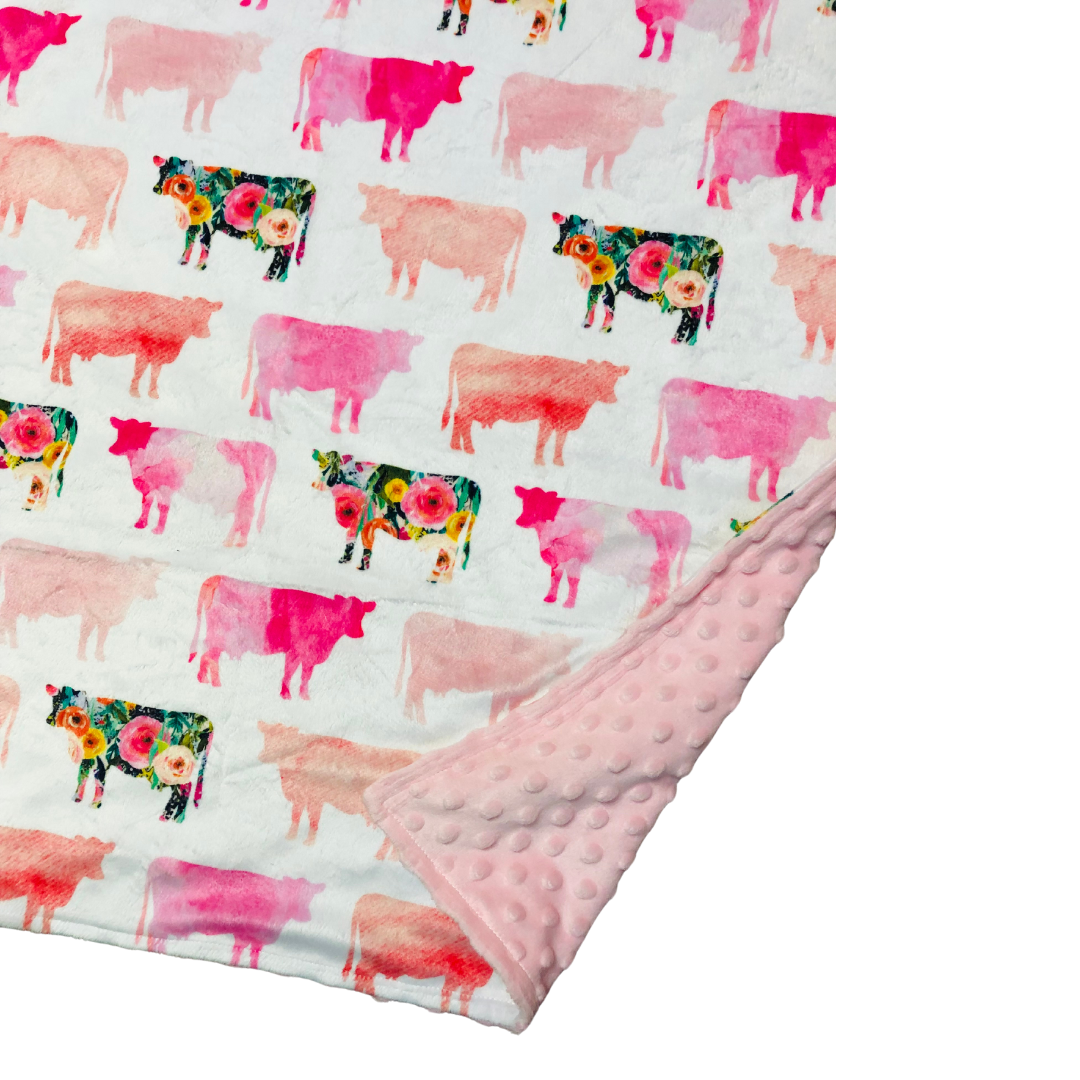 Floral and Watercolor Cows Minky Baby Blanket