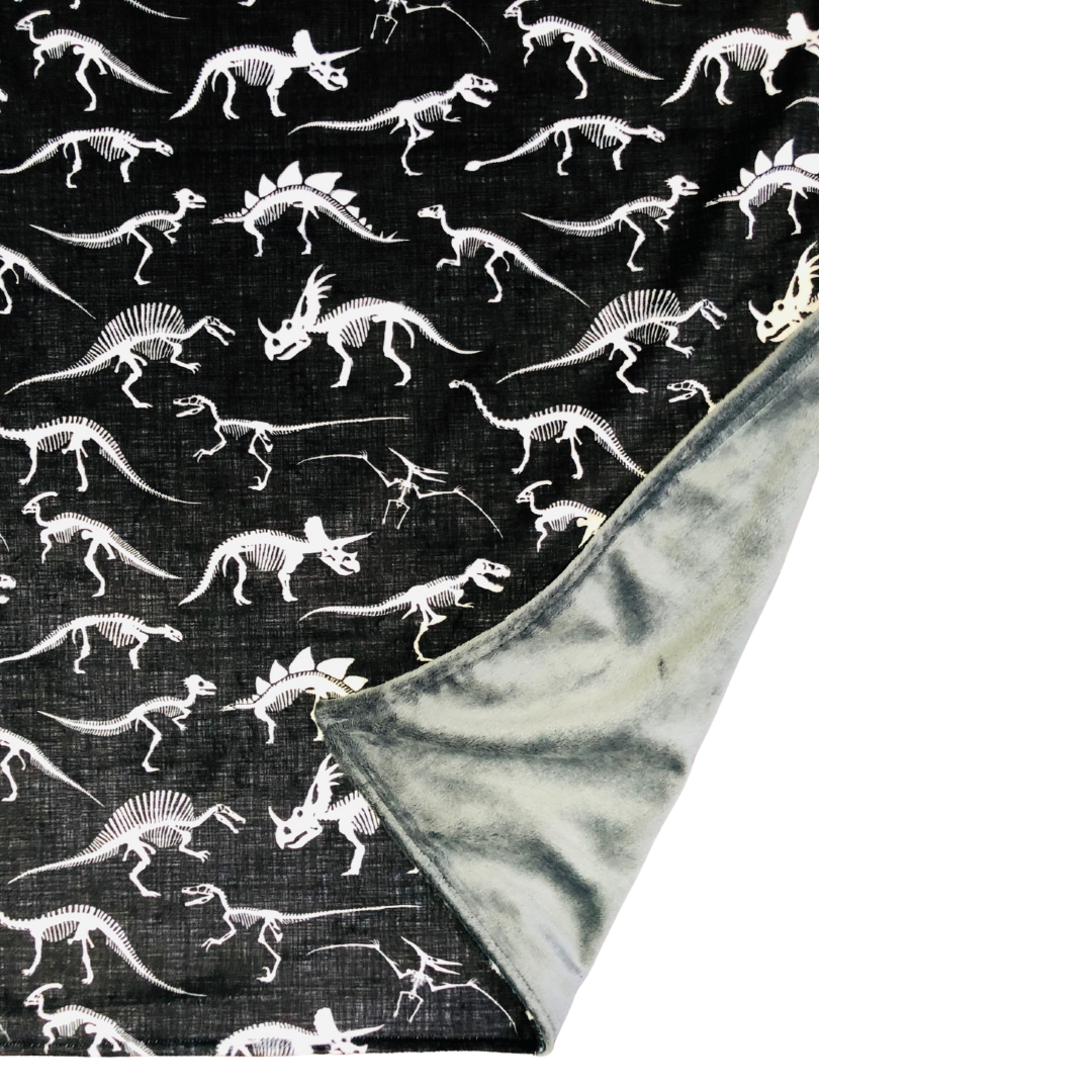 Dino Bones on Black Linen Minky Baby Blanket