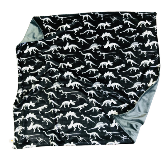 Dino Bones on Black Linen Minky Baby Blanket