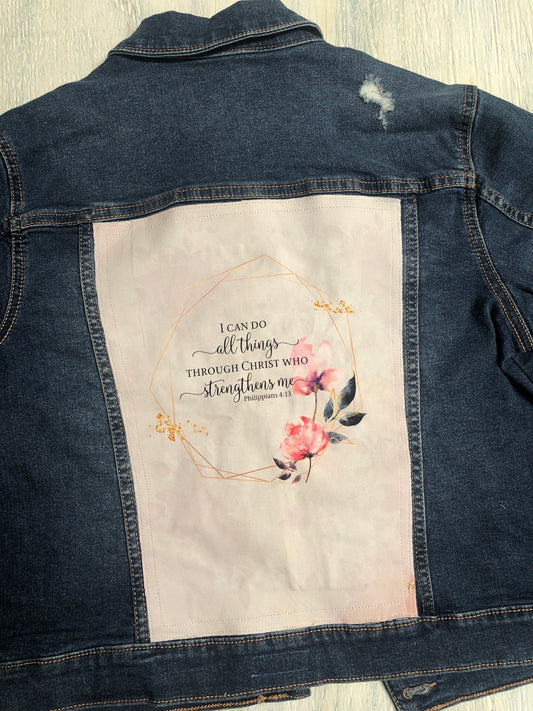 I can do all things through Christ, Faith Upcycled Denim Jacket -Girl size 10-12 Plus